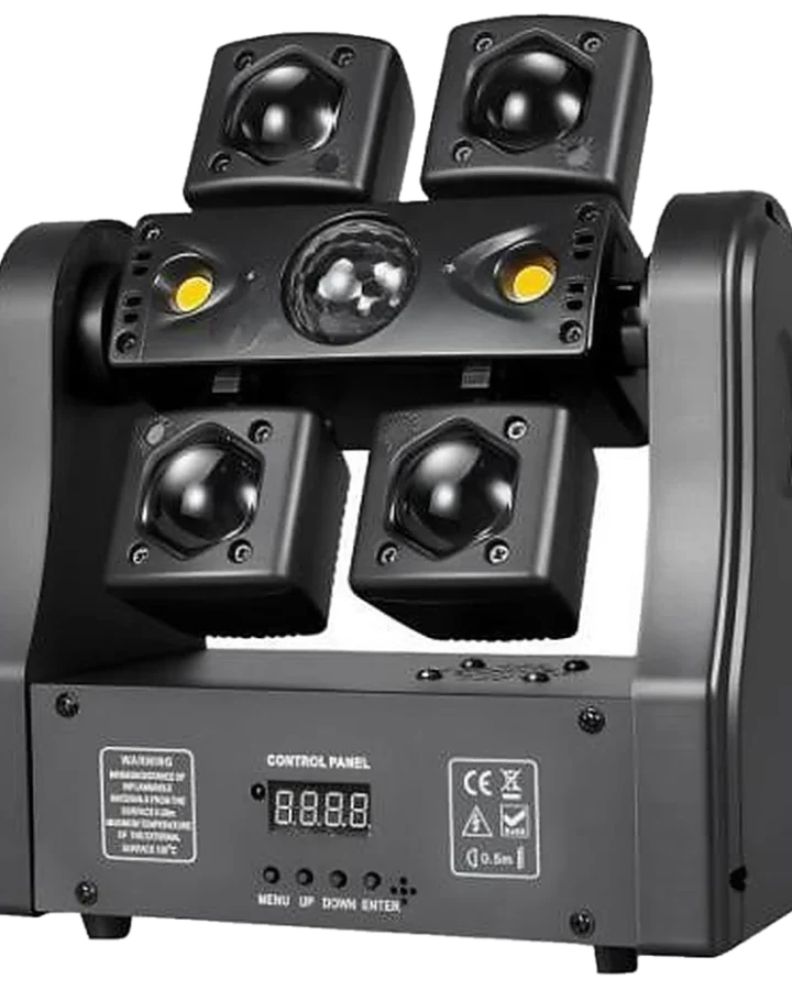 Four-armed dragonfly effect light with four RGBWAU heads, laser and strobe