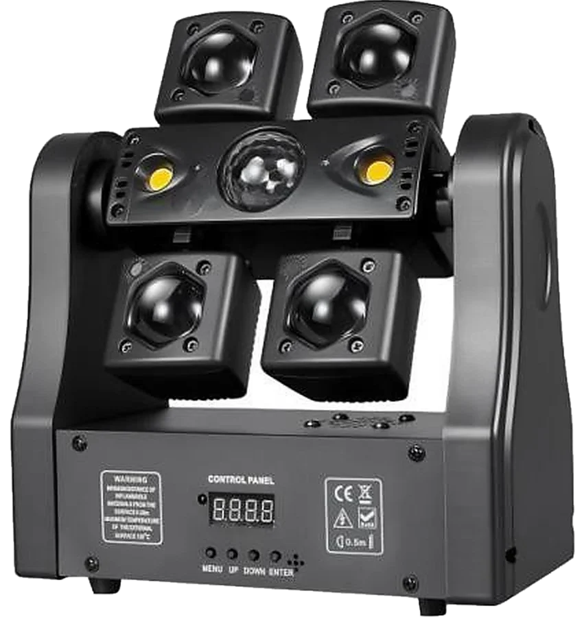 Four-armed dragonfly effect light with four RGBWAU heads, laser and strobe