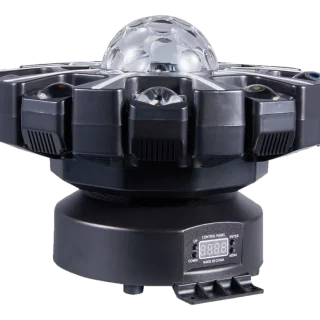 Six-arm bee-eye LED effect fixture with a clear dome centre