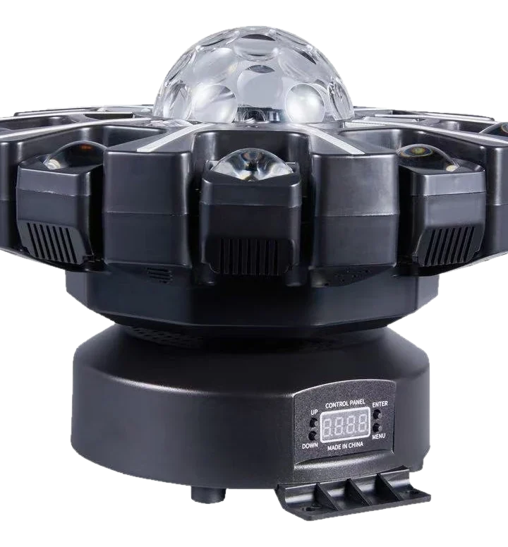 Six-arm bee-eye LED effect fixture with a clear dome centre