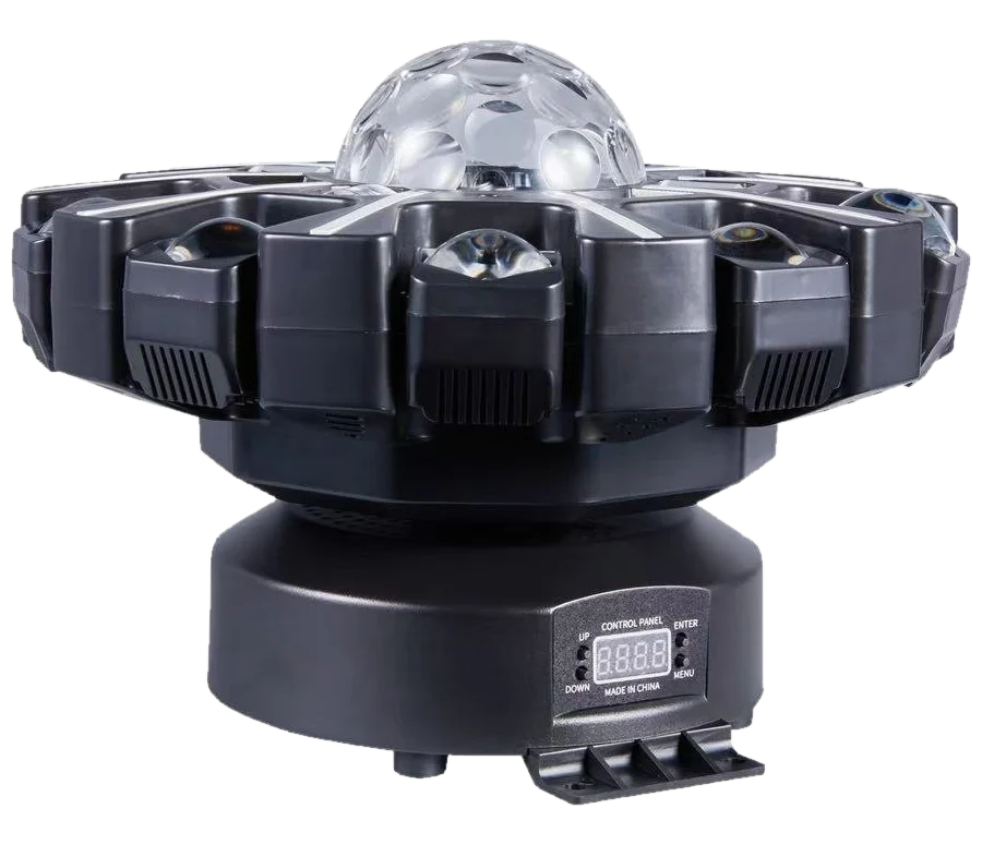 Six-arm bee-eye LED effect fixture with a clear dome centre