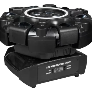 Six-arm LED effect fixture with a centre ring light and control display