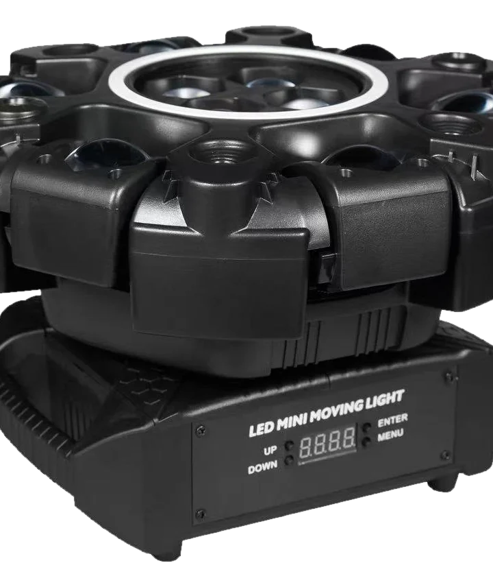 Six-arm LED effect fixture with a centre ring light and control display