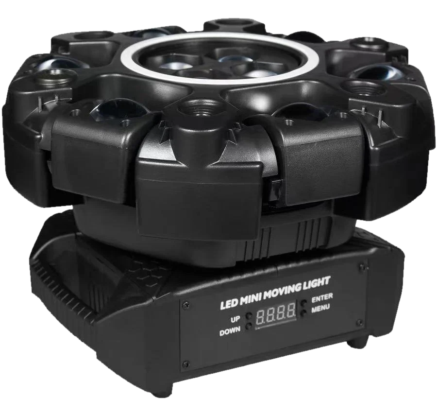 Six-arm LED effect fixture with a centre ring light and control display