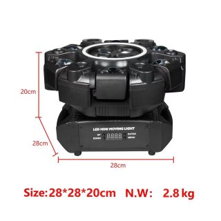 Dimension drawing of the six-arm effect light, 28 by 28 by 20 cm, 2.8 kg