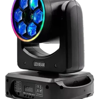 Moving-head LED effect light with six honey-eye lenses lit in blue