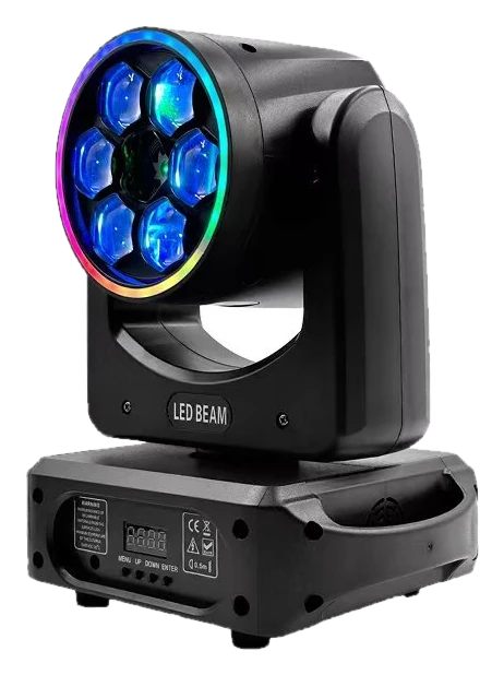 Moving-head LED effect light with six honey-eye lenses lit in blue