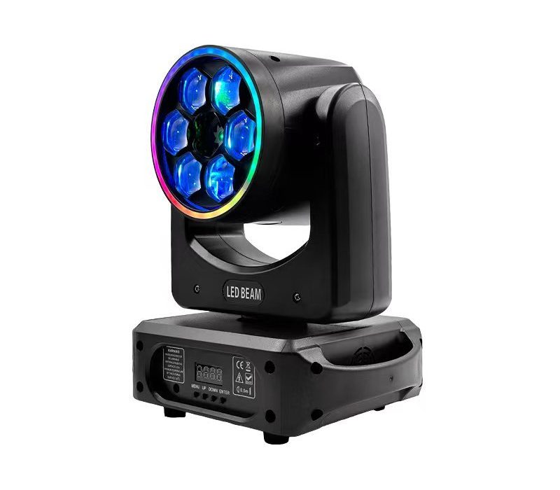 Moving-head LED effect light with six honey-eye lenses lit in blue