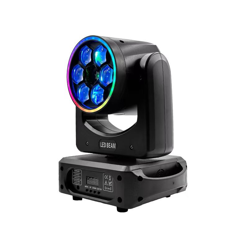 Moving-head LED effect light with six honey-eye lenses lit in blue