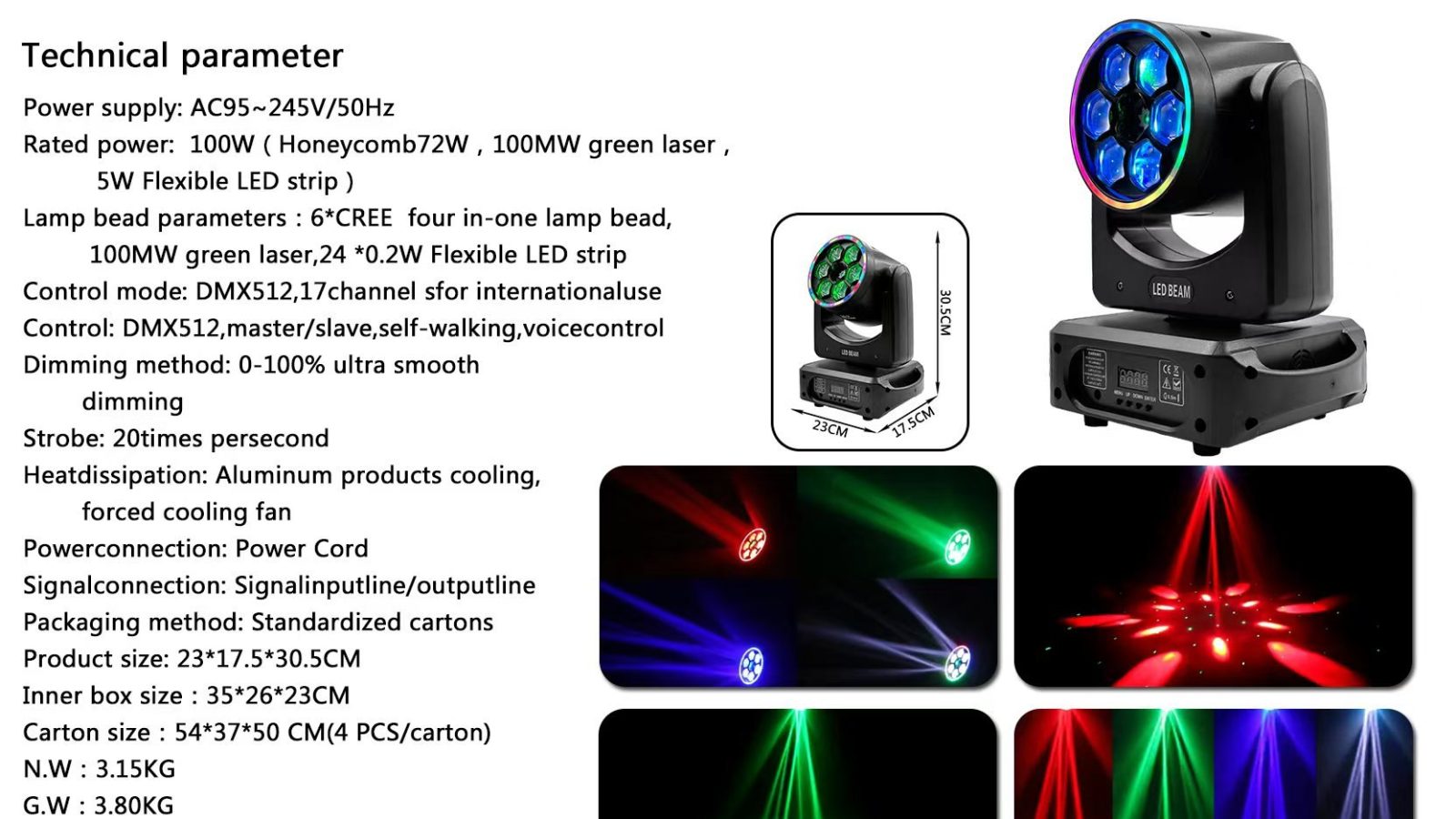 Manufacturer specification sheet for the six honey-eye laser and LED strip moving head