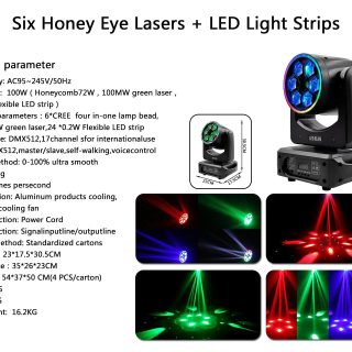 Manufacturer specification sheet for the six honey-eye laser and LED strip moving head