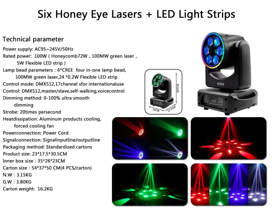 Manufacturer specification sheet for the six honey-eye laser and LED strip moving head