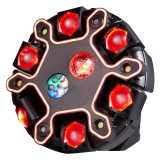 Ten-arm LED effect fixture with red arm lights and a central magic ball