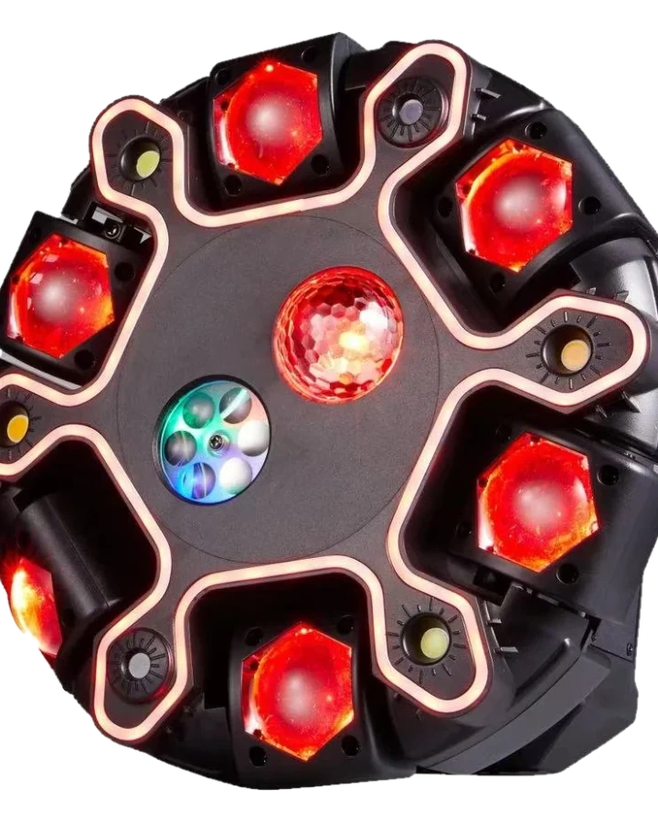 Ten-arm LED effect fixture with red arm lights and a central magic ball
