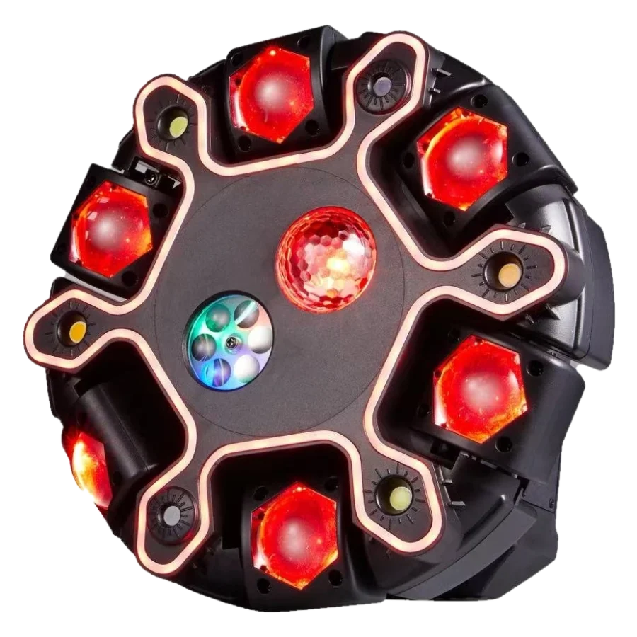 Ten-arm LED effect fixture with red arm lights and a central magic ball