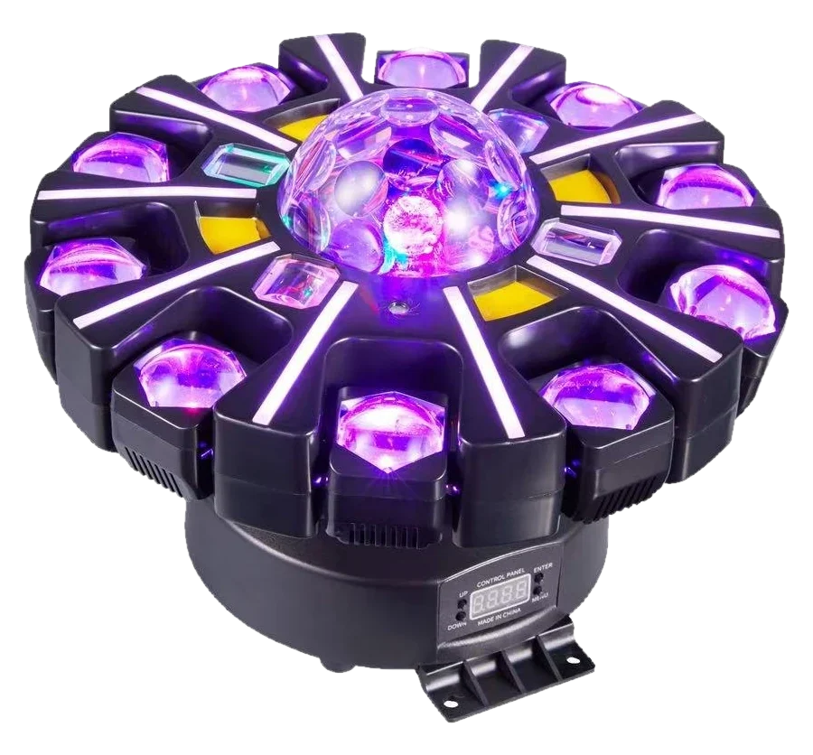 Ten-arm LED effect fixture with a central magic ball lit in purple