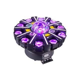 Ten-arm LED effect fixture with a central magic ball and LED strip outlines lit in purple