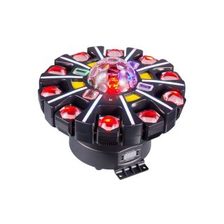 Ten-arm LED effect fixture with red arm lights and central ball lit